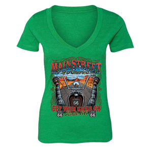 XtraFly Apparel Women's Get Your Kicks On Route 66 Biker Motorcycle V-neck Short Sleeve T-shirt