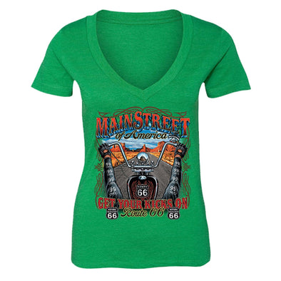 XtraFly Apparel Women's Get Your Kicks On Route 66 Biker Motorcycle V-neck Short Sleeve T-shirt