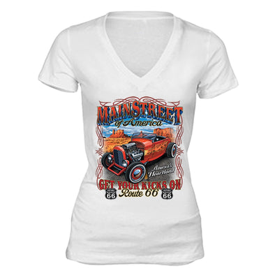 XtraFly Apparel Women's Main Street Route 66 Car Truck Garage V-neck Short Sleeve T-shirt