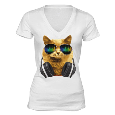 XtraFly Apparel Women's Cat DJ Headphones Animal Lover V-neck Short Sleeve T-shirt
