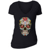 XtraFly Apparel Women's Muerte Cross Sugarskull Skulls Day Of Dead V-neck Short Sleeve T-shirt