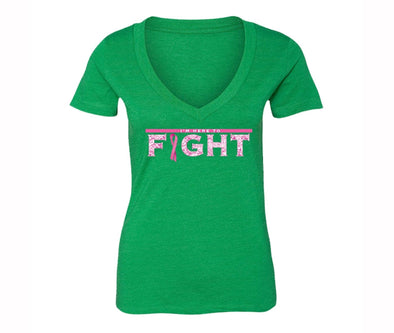 XtraFly Apparel Women's I'm Here to Fight Pink Breast Cancer Ribbon V-neck Short Sleeve T-shirt