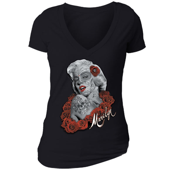 XtraFly Apparel Women's Dead Dia Los Muertos Marilyn Monroe V-neck Short Sleeve T-shirt