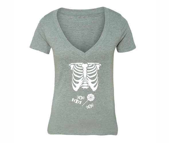 XtraFly Apparel Women's Skeleton Candy Belly Halloween Pumpkin V-neck Short Sleeve T-shirt