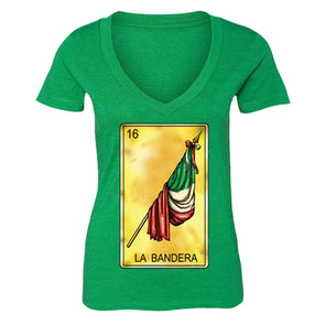 XtraFly Apparel Women's Loteria La Bandera Flag Mexican Heritage V-neck Short Sleeve T-shirt