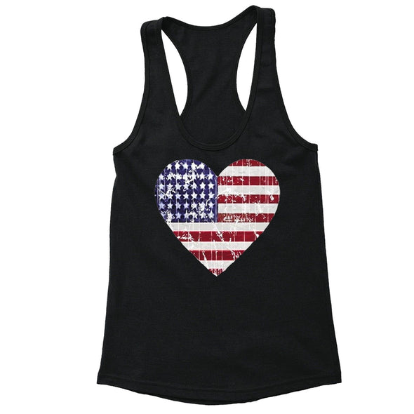 XtraFly Apparel Women's Distressed Heart Flag American Pride Racer-back Tank-Top