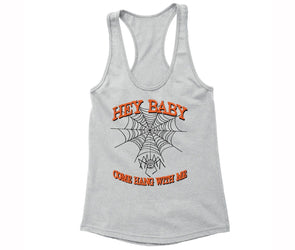 XtraFly Apparel Women's Hey Baby Spider-web Halloween Pumpkin Racer-back Tank-Top