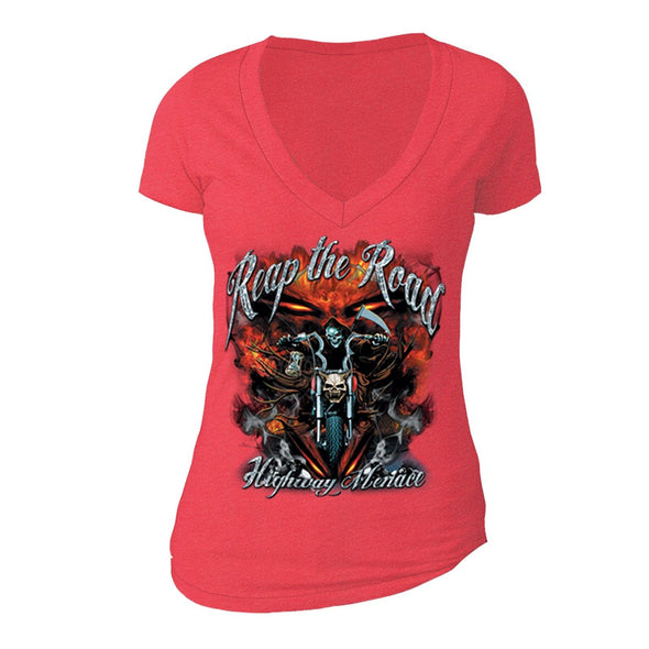 XtraFly Apparel Women's Reap The Road Skull Biker Motorcycle V-neck Short Sleeve T-shirt