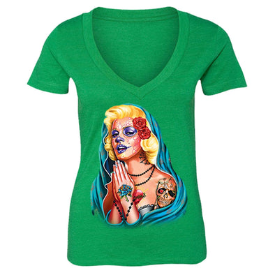 XtraFly Apparel Women's Guadalupe Dia Los Muertos Marilyn Monroe V-neck Short Sleeve T-shirt