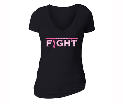 XtraFly Apparel Women's I'm Here to Fight Pink Breast Cancer Ribbon V-neck Short Sleeve T-shirt