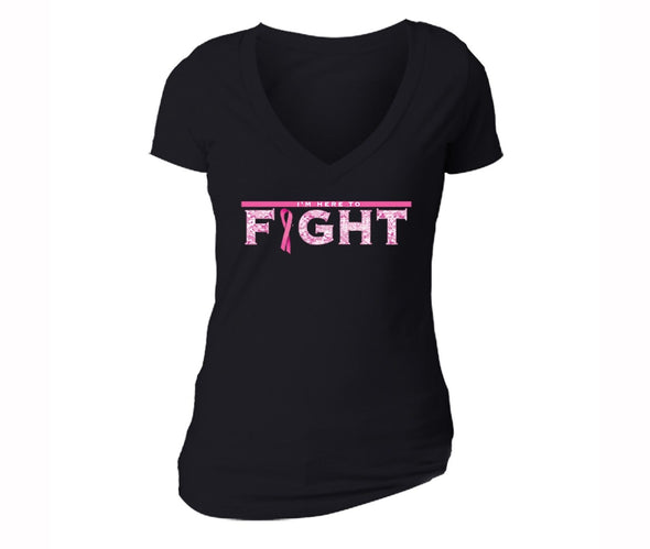 XtraFly Apparel Women's I'm Here to Fight Pink Breast Cancer Ribbon V-neck Short Sleeve T-shirt