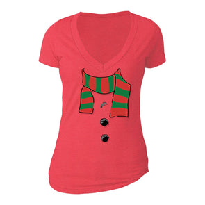 XtraFly Apparel Women's Snowman Scarf Santa Ugly Christmas V-neck Short Sleeve T-shirt