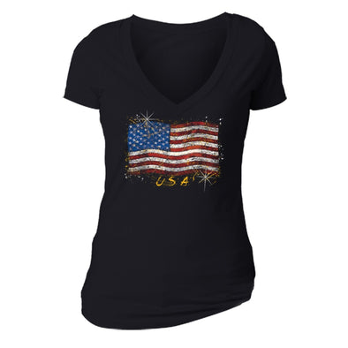 XtraFly Apparel Women's American Flag Distressed 4th of July V-neck Short Sleeve T-shirt