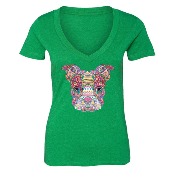 XtraFly Apparel Women's Boston Terrier Dog Pink Tribal Animal V-neck Short Sleeve T-shirt