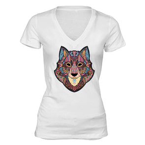 XtraFly Apparel Women's Wolf Pink Tribal Animal V-neck Short Sleeve T-shirt