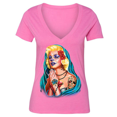 XtraFly Apparel Women's Guadalupe Dia Los Muertos Marilyn Monroe V-neck Short Sleeve T-shirt