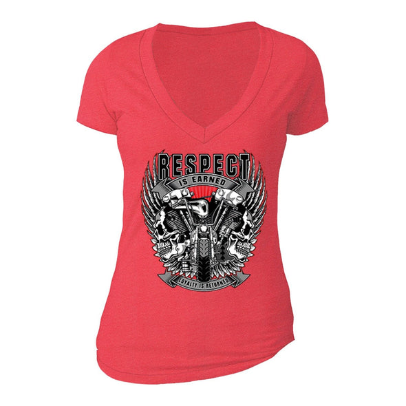 XtraFly Apparel Women's Respect Earned Loyalty Biker Motorcycle V-neck Short Sleeve T-shirt