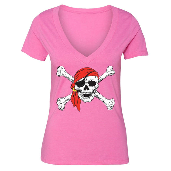 XtraFly Apparel Women's Jolly Roger Rodger Pirate Skulls Day Of Dead V-neck Short Sleeve T-shirt