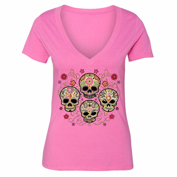 XtraFly Apparel Women's Muerte Four Sugarskull Skulls Day Of Dead V-neck Short Sleeve T-shirt