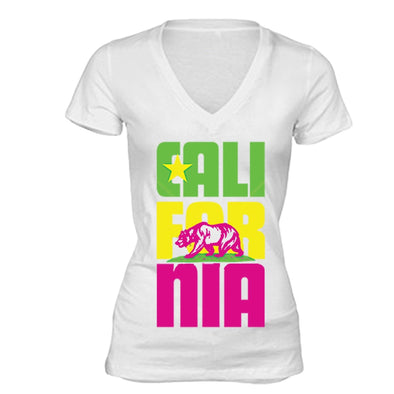 XtraFly Apparel Women's Stacked Cali Neon Bear California Pride V-neck Short Sleeve T-shirt