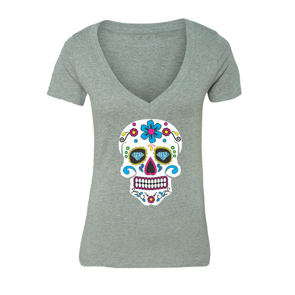 XtraFly Apparel Women's Sugarskull Diamond Clown Skulls Day Of The Dead V-neck Short Sleeve T-shirt