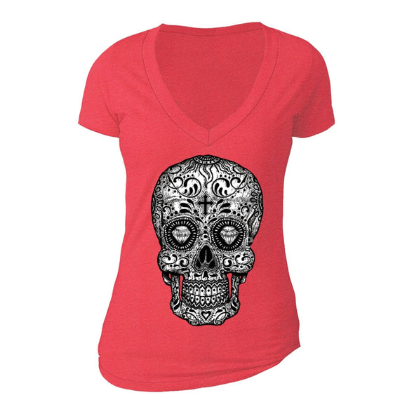 XtraFly Apparel Women's Diamond Cross Muerte Skulls Day Of Dead V-neck Short Sleeve T-shirt