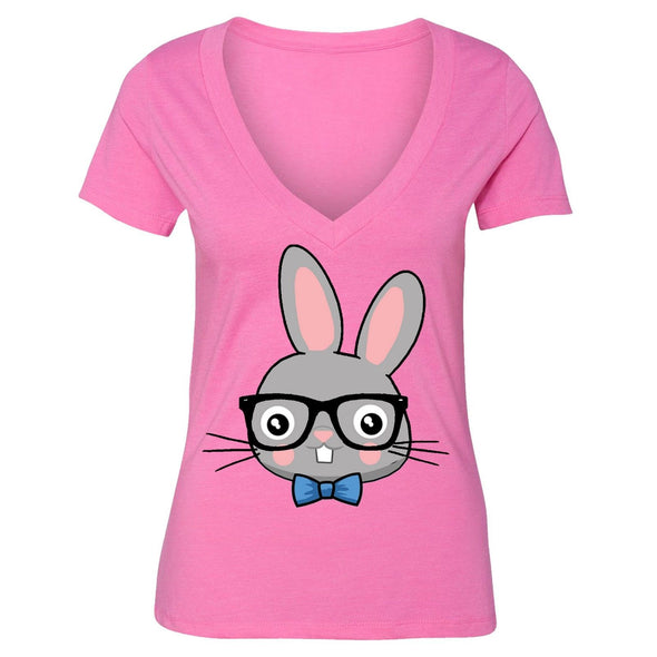 XtraFly Apparel Women's Rabbit Nerd EyeGlasses Easter V-neck Short Sleeve T-shirt