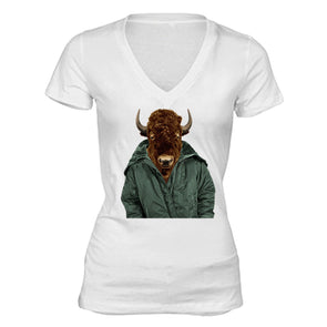 XtraFly Apparel Women's Buffalo Bison Jacket Animal Lover V-neck Short Sleeve T-shirt