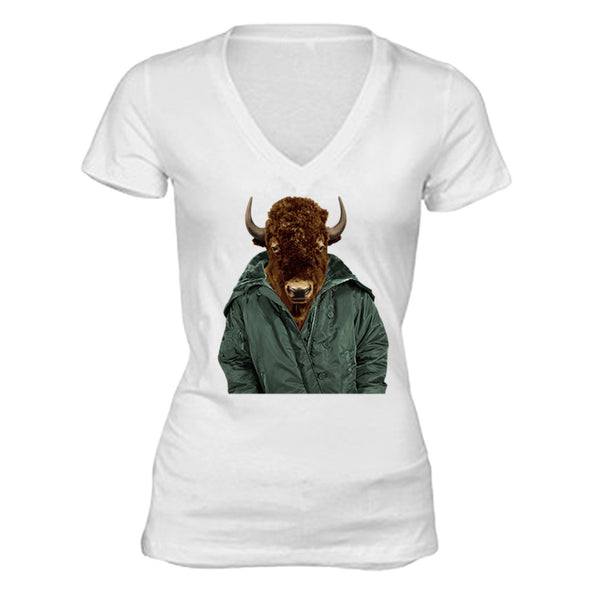 XtraFly Apparel Women's Buffalo Bison Jacket Animal Lover V-neck Short Sleeve T-shirt