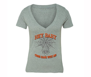 XtraFly Apparel Women's Hey Baby Spider-web Halloween Pumpkin V-neck Short Sleeve T-shirt