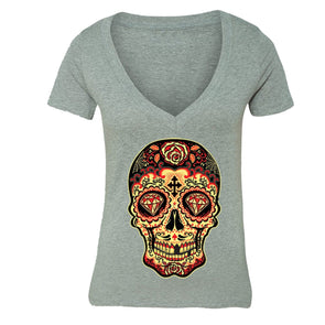 XtraFly Apparel Women's Diamond Sugarskull Cross Skulls Day Of Dead V-neck Short Sleeve T-shirt