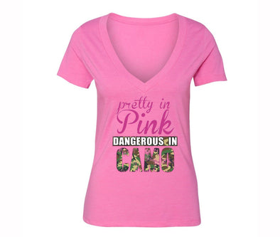 XtraFly Apparel Women's Pretty in Pink Breast Cancer Ribbon V-neck Short Sleeve T-shirt