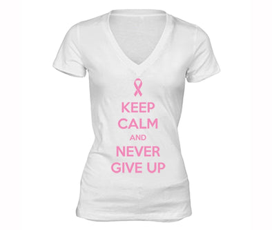XtraFly Apparel Women's Never Give Up Pink Breast Cancer Ribbon V-neck Short Sleeve T-shirt