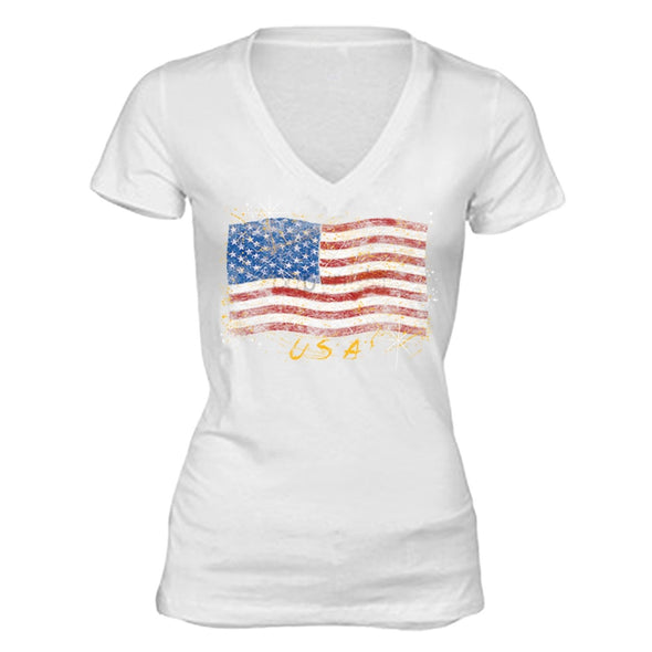 XtraFly Apparel Women's Wavy Flag USA American Pride V-neck Short Sleeve T-shirt
