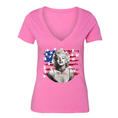 XtraFly Apparel Women's Marilyn Monroe USA Flag American Pride V-neck Short Sleeve T-shirt