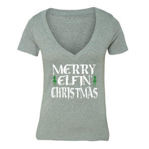 XtraFly Apparel Women's Elf Merry Elfin Xmas Ugly Christmas V-neck Short Sleeve T-shirt