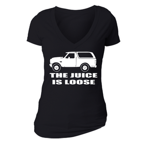 XtraFly Apparel Women's Juice is Loose Bronco OJ Simpson Novelty Gag V-neck Short Sleeve T-shirt