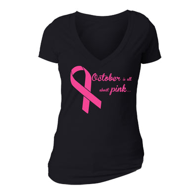 XtraFly Apparel Women's October All About Pink Breast Cancer Ribbon V-Neck Short Sleeve T-Shirt