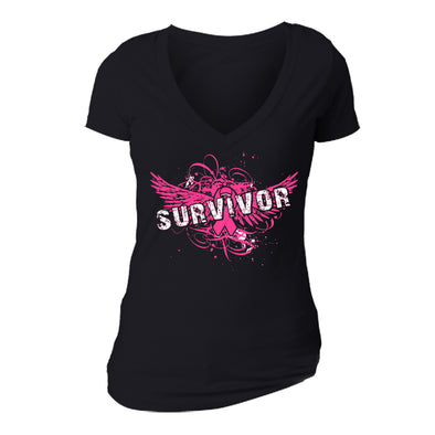 XtraFly Apparel Women's Survivor Pink Wings Breast Cancer Ribbon V-Neck Short Sleeve T-Shirt