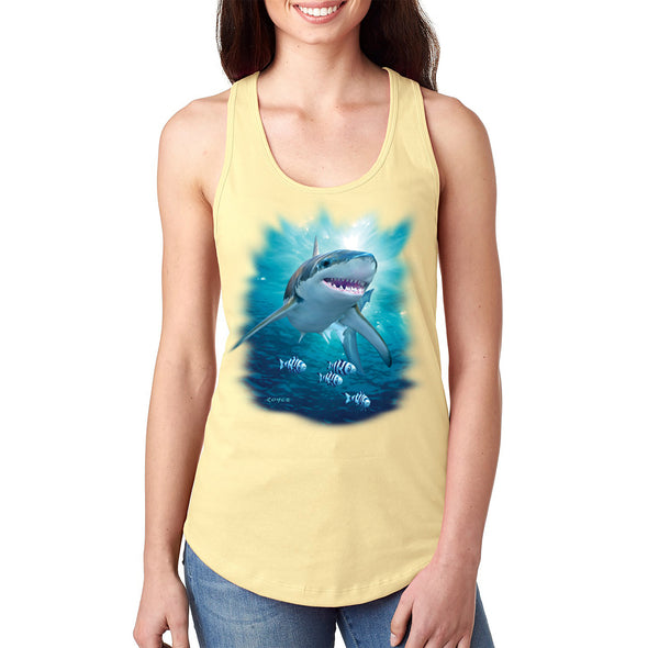 XtraFly Apparel Women's Great White Shark Swimming Ocean Beach Racer-Back Tank-Top