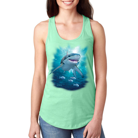XtraFly Apparel Women's Great White Shark Swimming Ocean Beach Racer-Back Tank-Top
