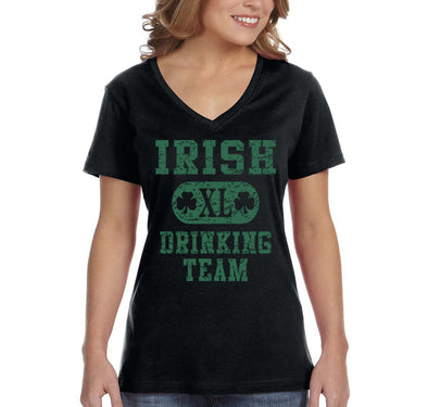 XtraFly Apparel Women's Irish Drinking Team Shamrock St. Patrick's V-Neck Short Sleeve T-Shirt