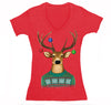 XtraFly Apparel Women's Reindeer Wearing  Sweater Ornaments Ugly Christmas V-Neck Short Sleeve T-Shirt