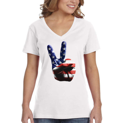 XtraFly Apparel Women's American Peace Hand America Flag USA Pride 2nd Amendment Gun Trump Military Veteran 4th July Fourth V-neck T-shirt