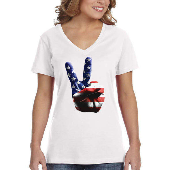 XtraFly Apparel Women's American Peace Hand America Flag USA Pride 2nd Amendment Gun Trump Military Veteran 4th July Fourth V-neck T-shirt