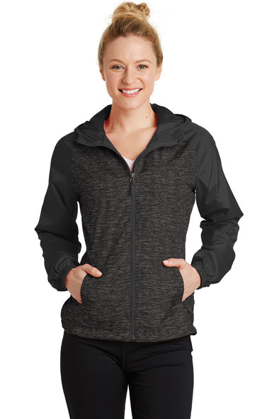 Sport-Tek Ladies Heather Colorblock Raglan Hooded Wind Jacket