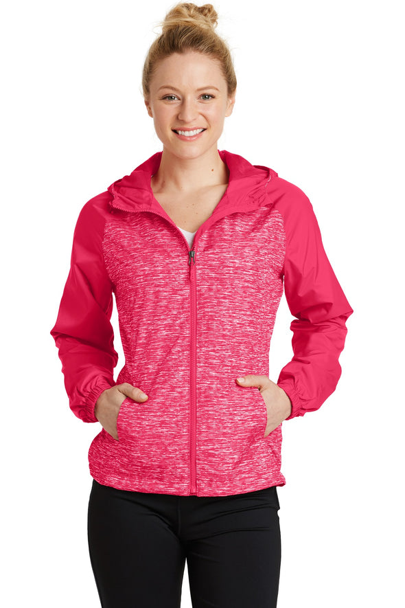 Sport-Tek Ladies Heather Colorblock Raglan Hooded Wind Jacket