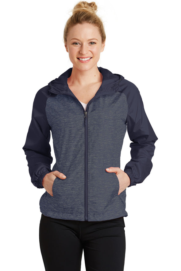 Sport-Tek Ladies Heather Colorblock Raglan Hooded Wind Jacket