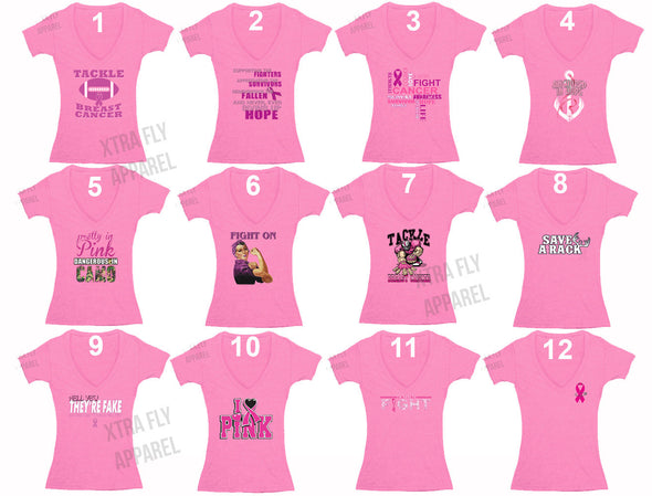 Free Shipping Womens Breast Cancer Awareness Fight Love Cure Pink Support Ribbon Survivor V-neck T-shirt Pink