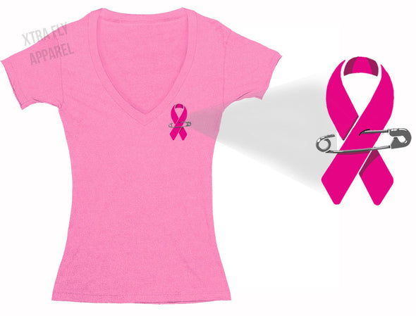 Free Shipping Womens Breast Cancer Awareness Fight Love Cure Pink Support Ribbon Survivor V-neck T-shirt Pink